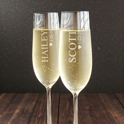 Sweethearts Names Engraved Personalized Wedding Champagne Flutes - Set of 2
