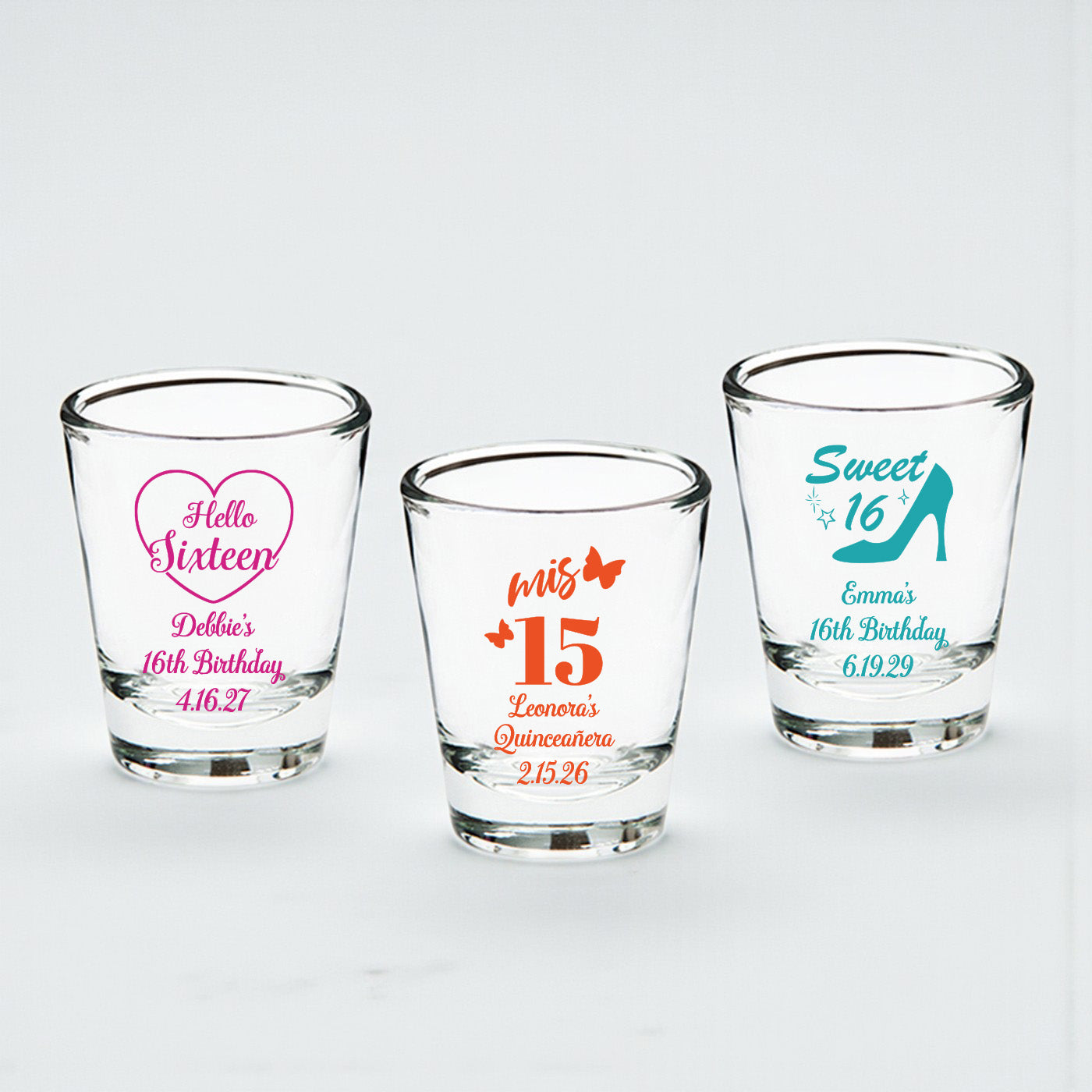 Sweet 16 or Mis Quince Personalized Fluted Shot Glass - Set of 24