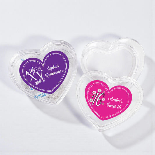 Sweet 16 or Mis Quince Personalized Heart Shaped Acrylic Box - Set of 12