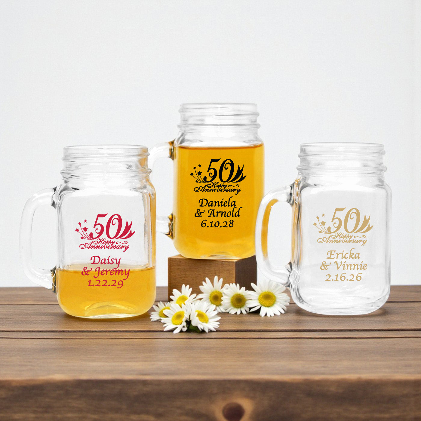 50th Wedding Anniversary Personalized Mason Glass Mug - Set of 18