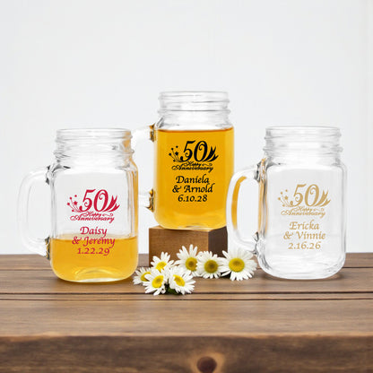 50th Wedding Anniversary Personalized Mason Glass Mug - Set of 18