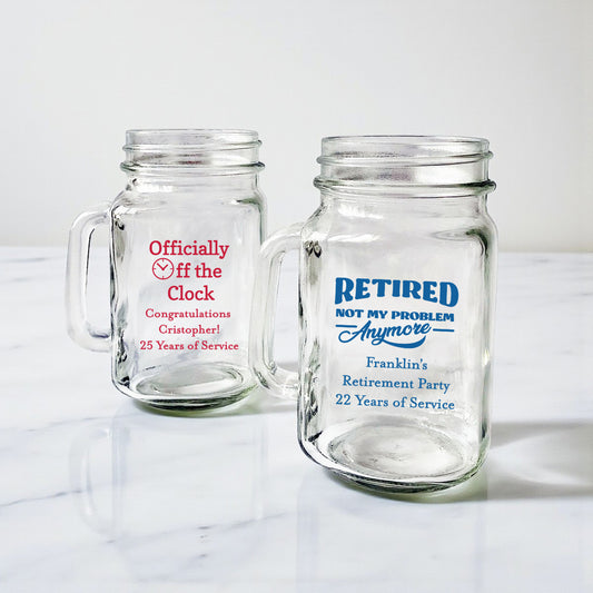Retirement Personalized Mason Glass Mug - Set of 18