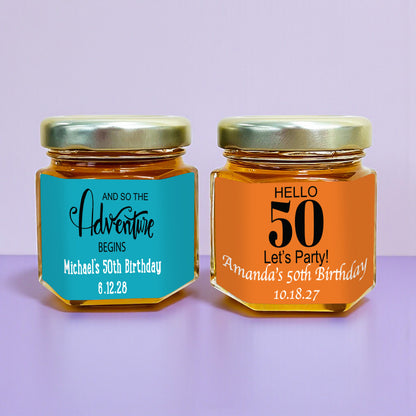 50th Birthday Personalized Mini Honey Jar Filled with Honey - Set of 12