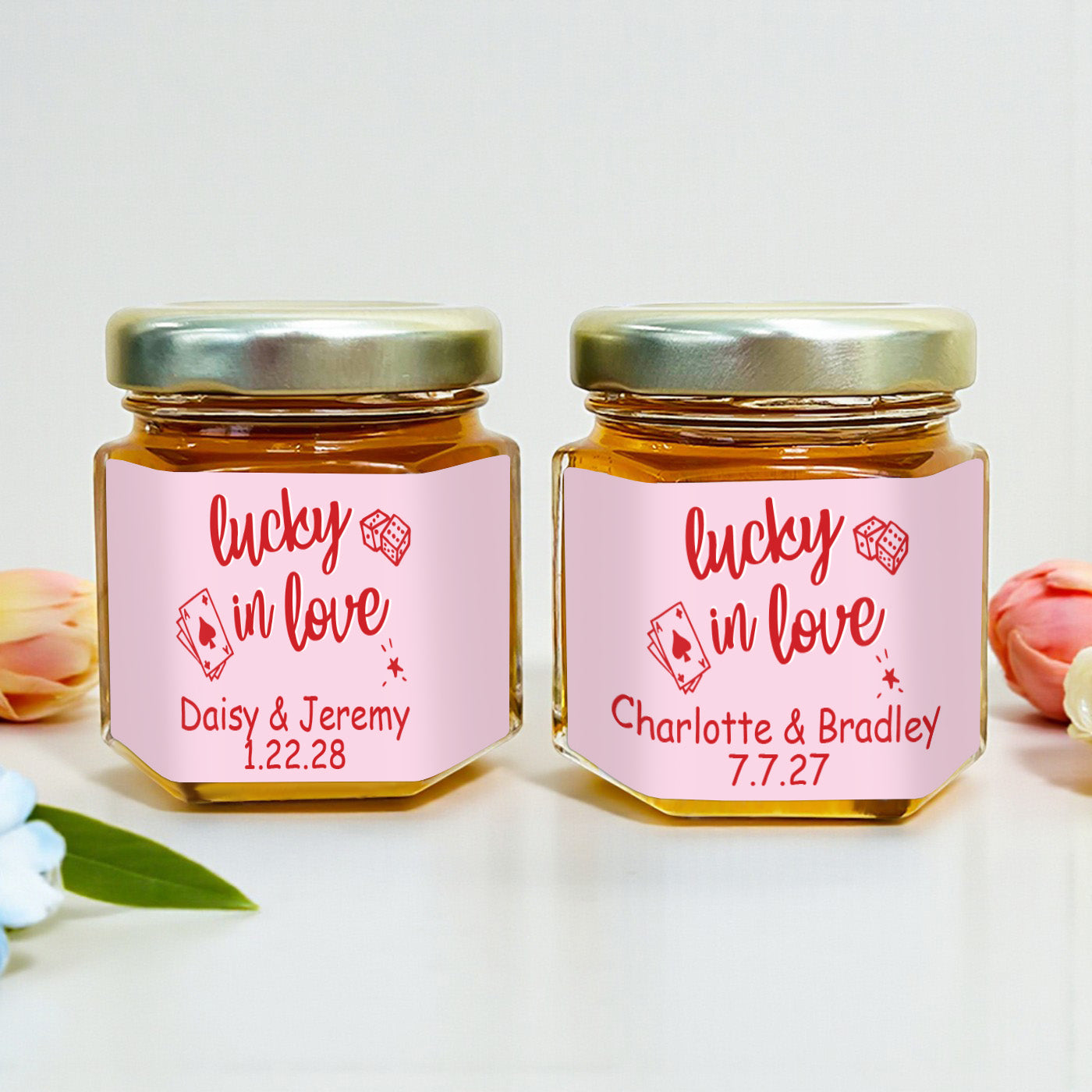 Lucky In Love Personalized Mini Honey Jar Filled with Honey - Set of 12