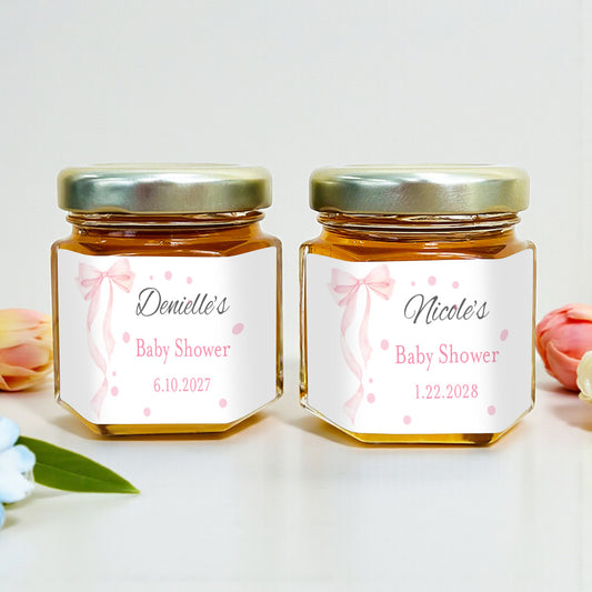 Pink Bow Personalized Mini Honey Jar Filled with Honey - Set of 12