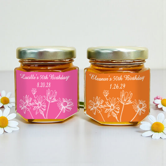 Floral Personalized Mini Honey Jar Filled with Honey - Set of 12