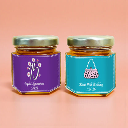 Sweet 16 or Mis Quince Personalized Mini Honey Jar Filled with Honey - Set of 12