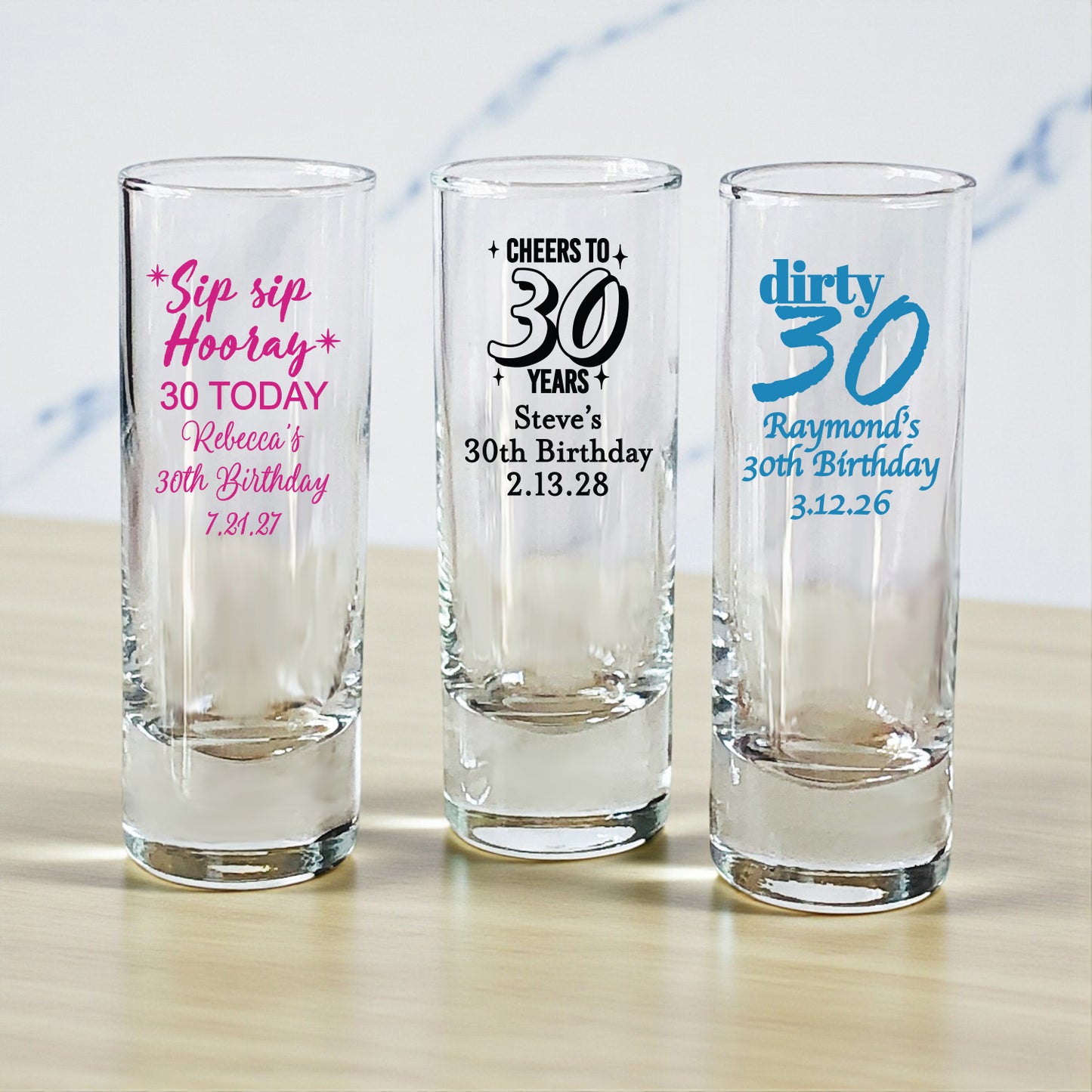 30th Birthday Personalized Tall Shot Glass - Set of 24
