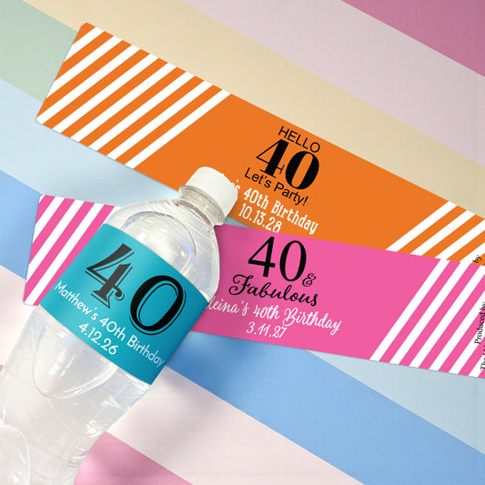40th Birthday Personalized Water Bottle Labels - Set of 12