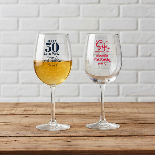 50th Birthday Personalized Wine Glass with Stem - Set of 24