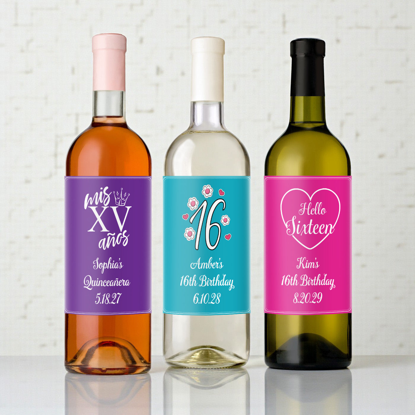 Sweet 16 or Mis Quince Personalized Wine Bottle Labels - Set of 12