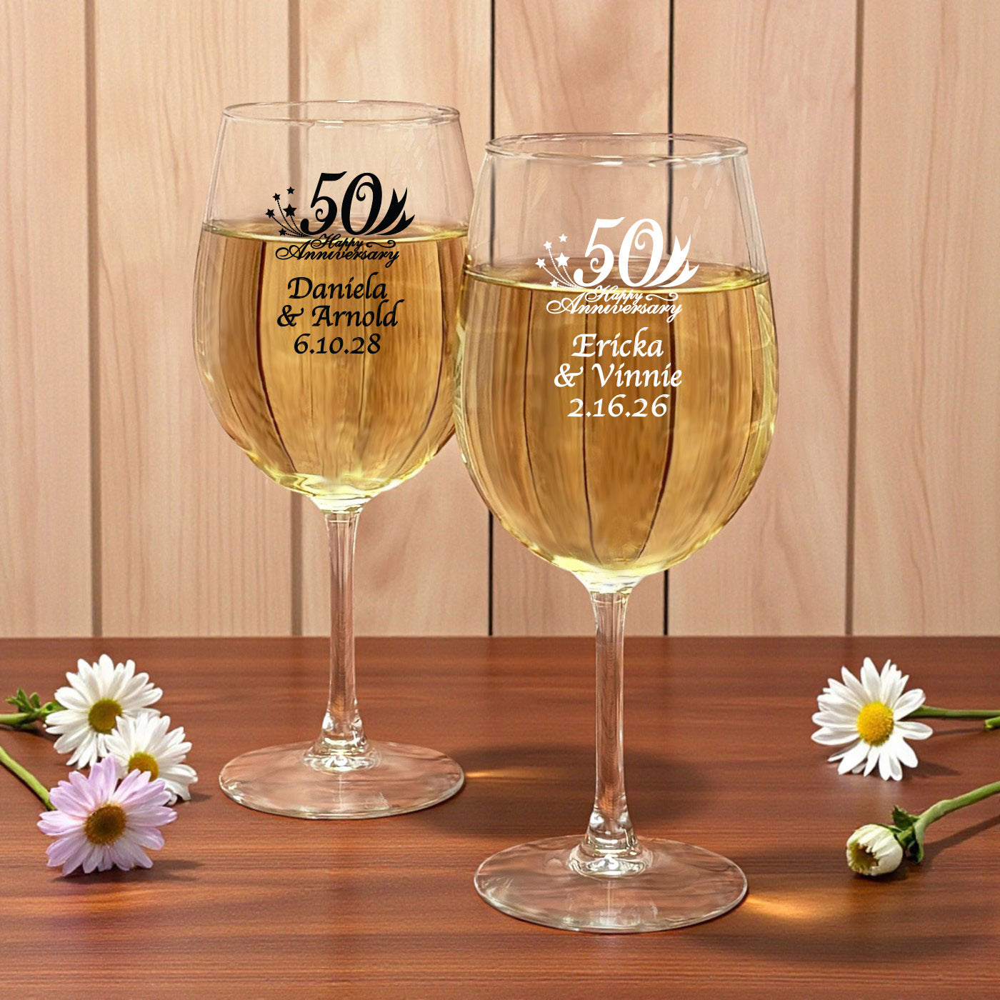 50th Wedding Anniversary Personalized Wine Glass with Stem - Set of 24